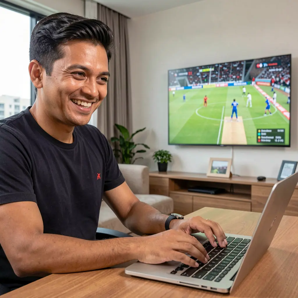 Confident Nepali sports bettor analyzing cricket odds on a laptop at home using YATRI77 COM while following a live match on TV