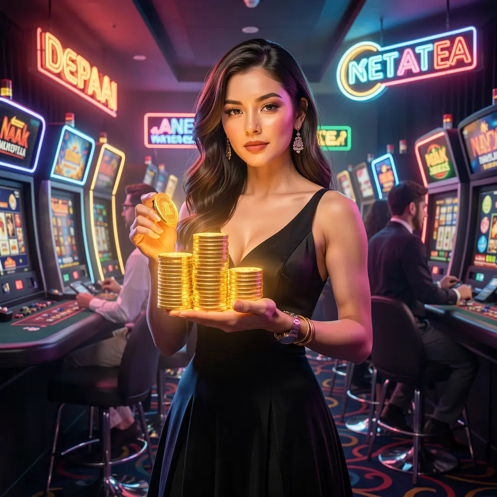 Confident woman holding poker chips in a modern casino setting representing the premium gaming experience at YATRI77 COM for players in Nepal
