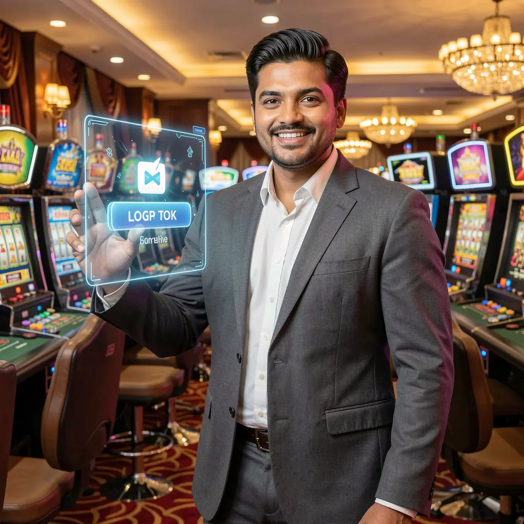Confident casino dealer from Nepal pointing at a glowing holographic login button in a vibrant casino scene at YATRI77 COM